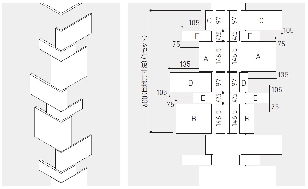 異形状90°曲セット(接着):組み合わせによるズラシ幅